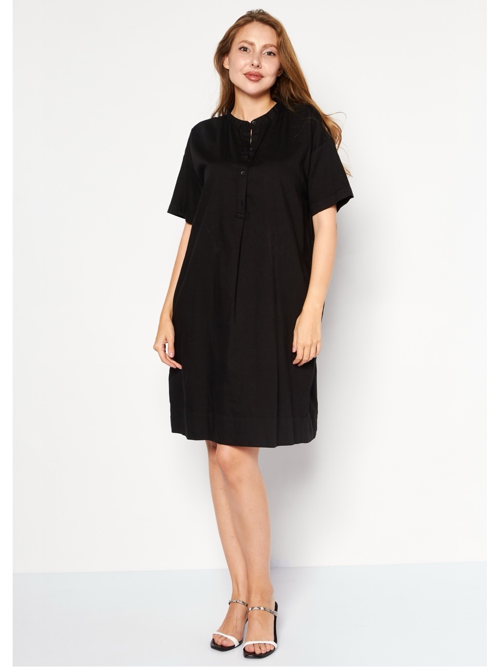Eileen Fisher Mandarin Collar Twill Dress Black Organic Cotton Half Button, M